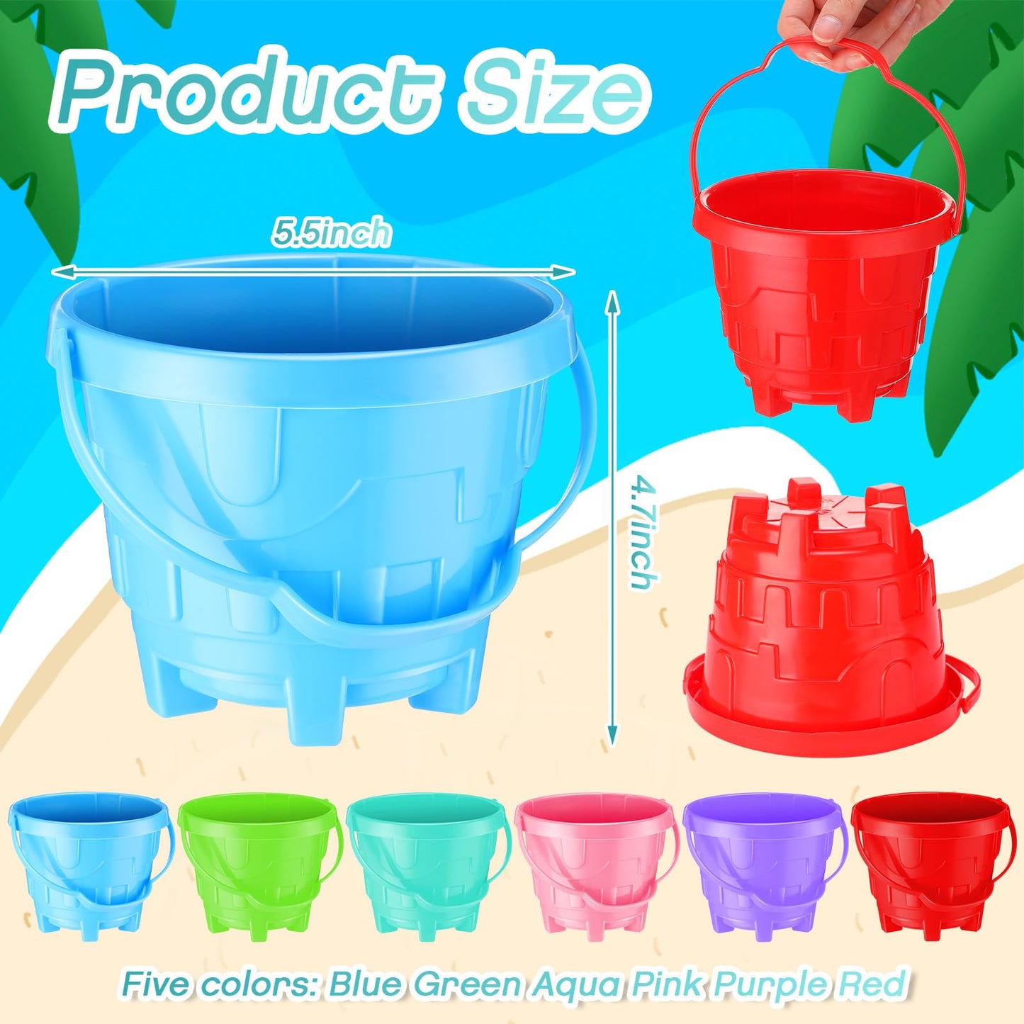 Didaey 65 Set 130 Pcs Beach Sand Buckets and Shovels, Include 65 Sand Pail Bucket 6 Colors with Castle Design Inside and 65 Shov