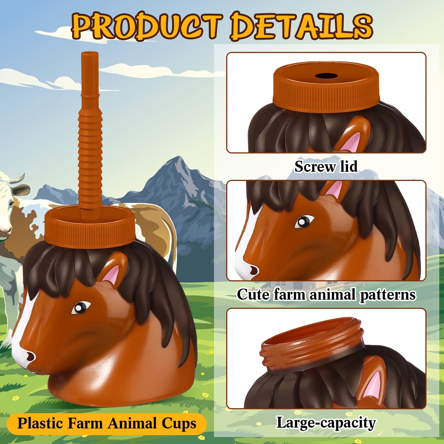 Roshtia 12 Set Farm Animal Cups with Straws and Lids 11 oz Plastic Reusable Animal Themed Cups Cute Animal Sippy Cups for Kids B