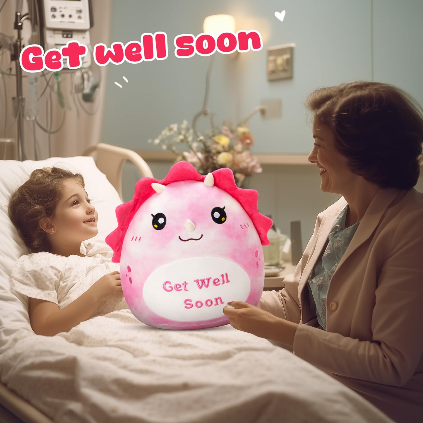 Wewill 12'' Get Well Soon Dinosaur Soft Plush Pillow, Pink Triceratops Stuffed Toy