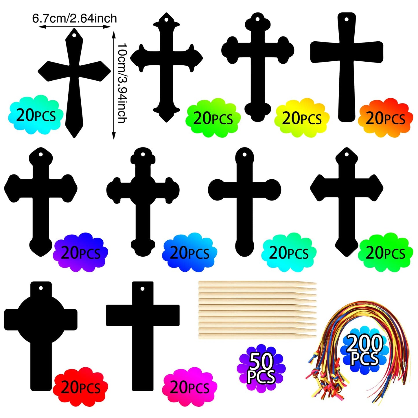 Chivao 80 Pcs Easter Scratch Cross Ornaments Rainbow Color Craft Kit Diy Scratch Paper Christian Gifts For Kids Sunday School Crafts Kids' Paper Craft Kits For Girls Boys With Wood Sticks Ribbons