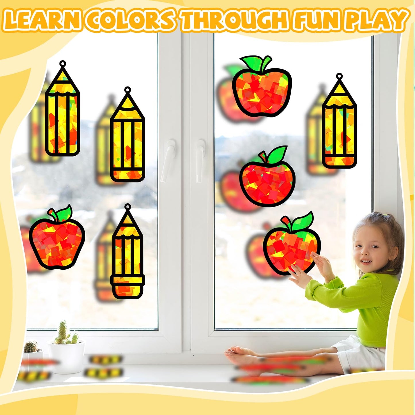 32 Sets Back to School Apple Pencil Suncatchers Craft Kit DIY Window Stained Glass Effect First Day of School Paper Craft Home C