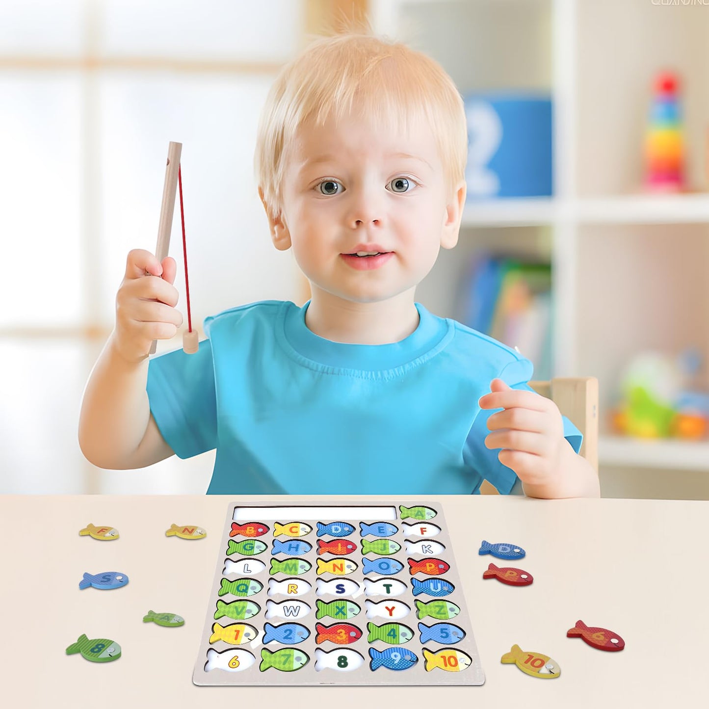 Amor Present Wooden Magnetic Fishing Toys For Toddlers, Alphabet Fish Catching Games Puzzle With Numbers And Letters, Montessori