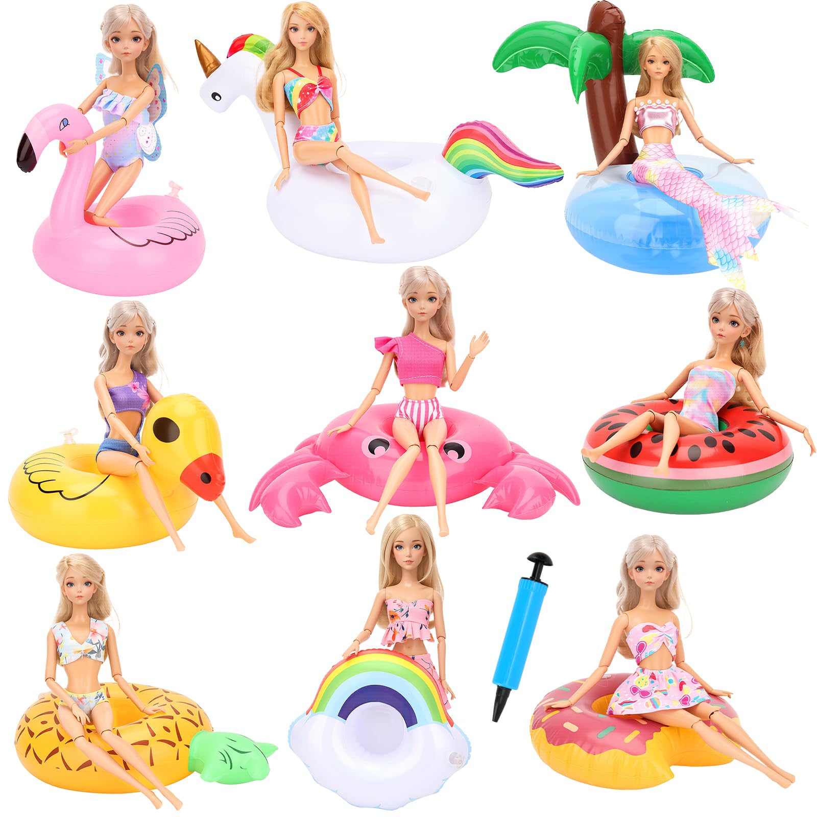 BEABARZA 10 Pcs Pool Floaties Swim Accessories Set for Girl Dolls, Fun Swimming Pool Party Ring Inflatable Drink Holder for11.5 