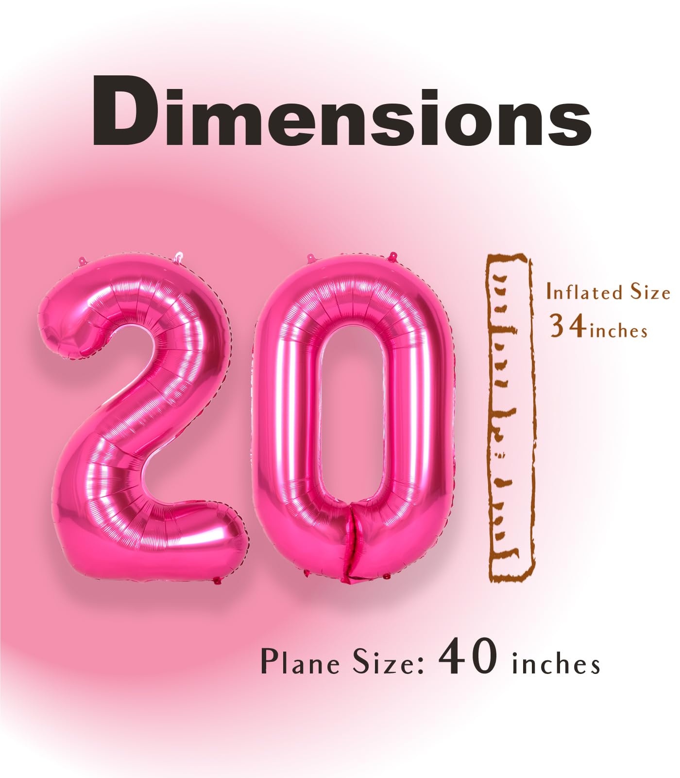 Suwen 40 Inch Hot Pink Large 20 Number Balloons Big Foil Helium Number Balloons 0-9 Jumbo Happy 20Th Mylar Birthday Party Decora