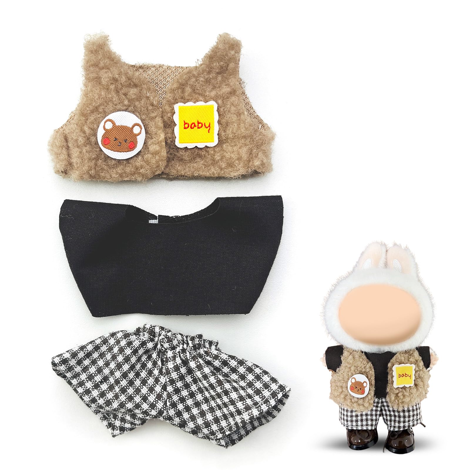 17cm Doll Clothes Labubu Clothes for 6.7inch(17cm) Dolls enhanced Doll Outfit with Hat and Accessories(Clothes Only) (Black Brown White)