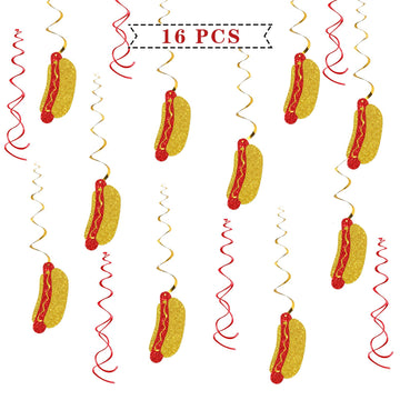 Hotdog Sign Hanging Swirl Decorations - Glitter 16 Pcs Fiesta Birthday Party Supplies - Girls Boys Birthday Party - Engagement -