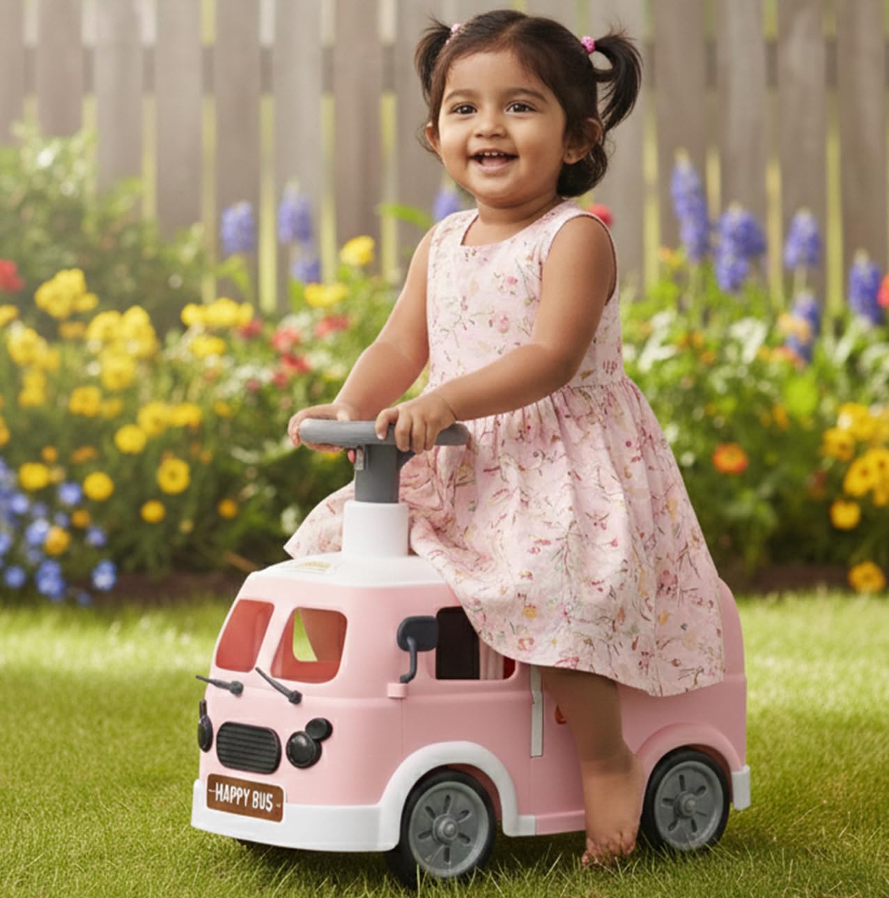 Toyzone Happy Bus - Pink | Toddler Ride-On | Lights & Music | Ride-On With Easy Storage | Grip Wheels | Make In India | Indoor &