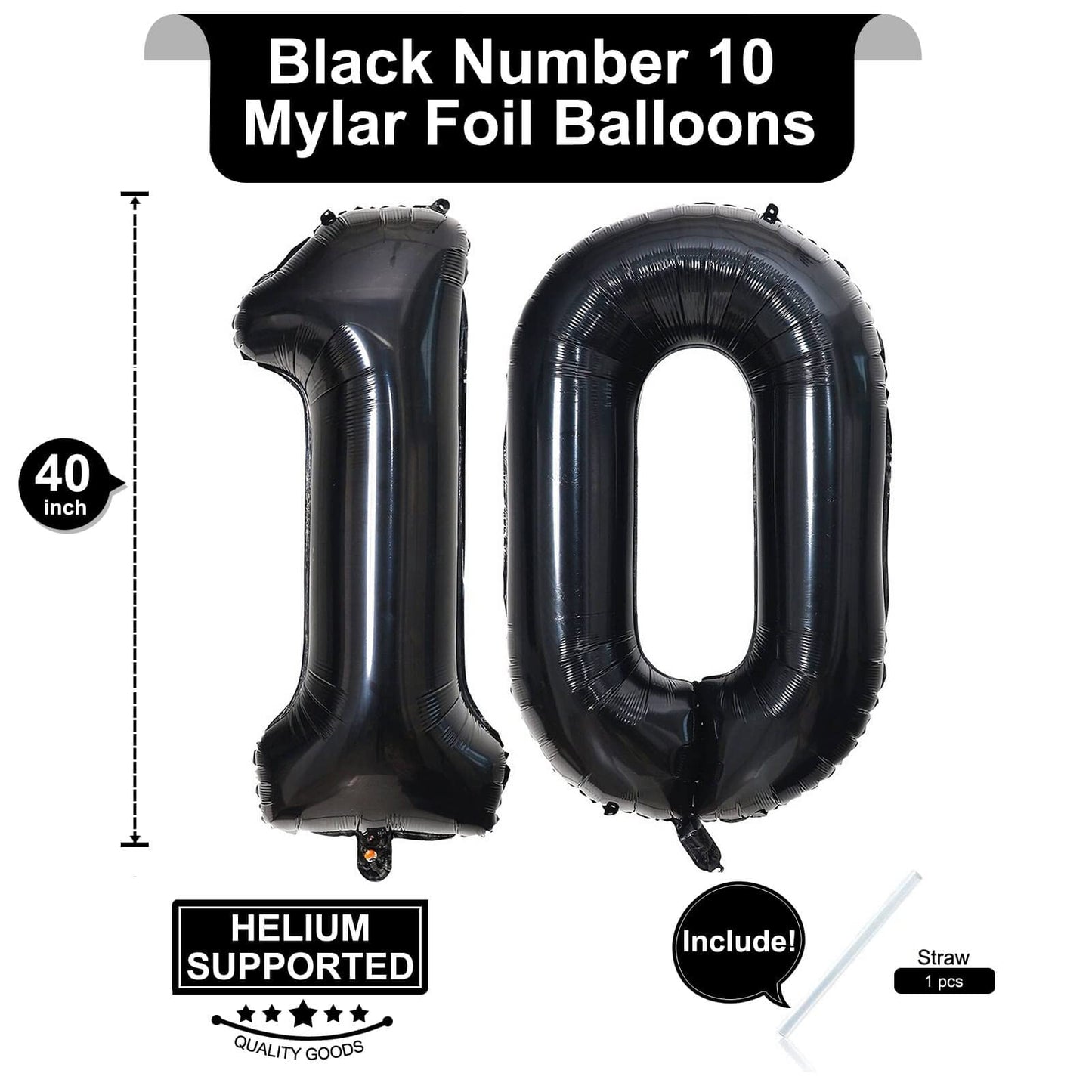 LHOAVWE 40 Inch Black 10 Foil Mylar Balloons - Jumbo Digital Number for 10th Birthday Party Decorations