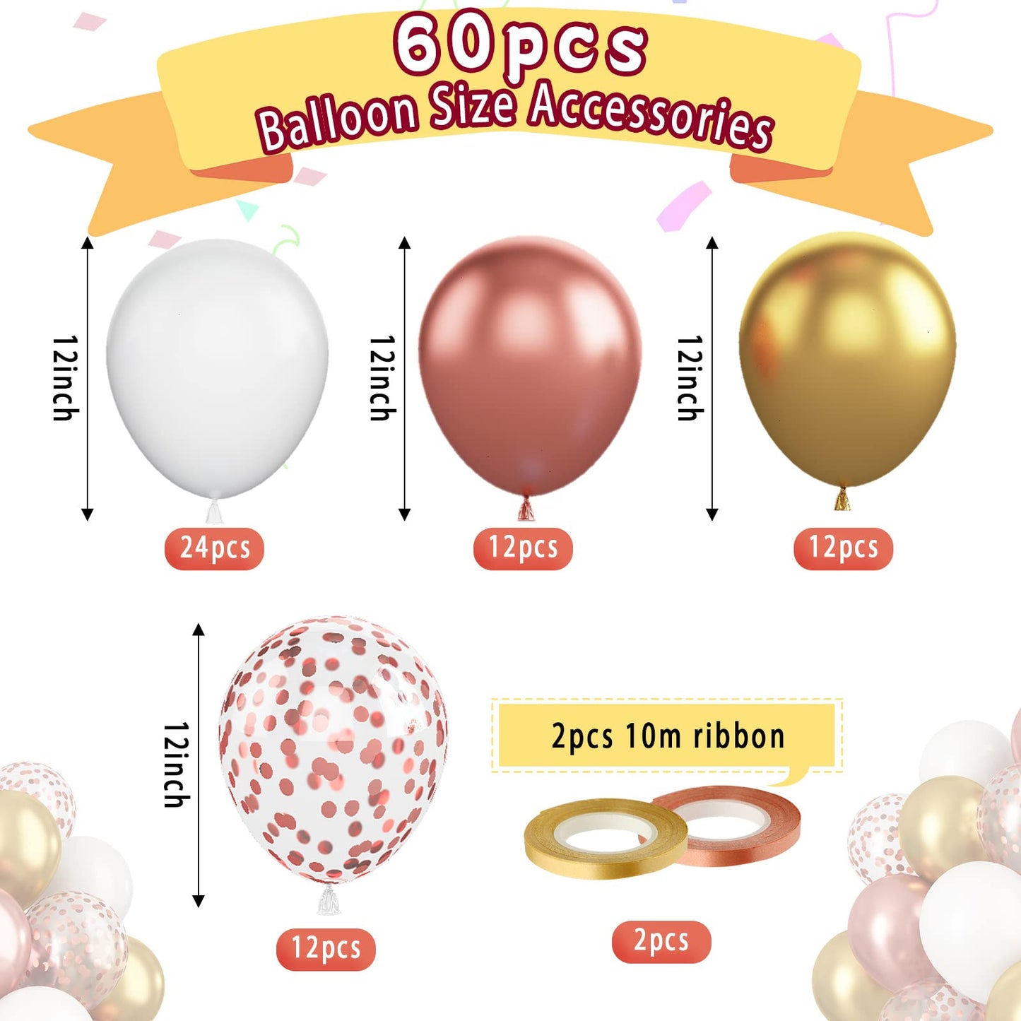 Paready Rose Gold And White Latex Balloons, 60 Pcs 12 Inch Metallic Gold Confetti Balloons With Ribbons For Birthday Party Baby