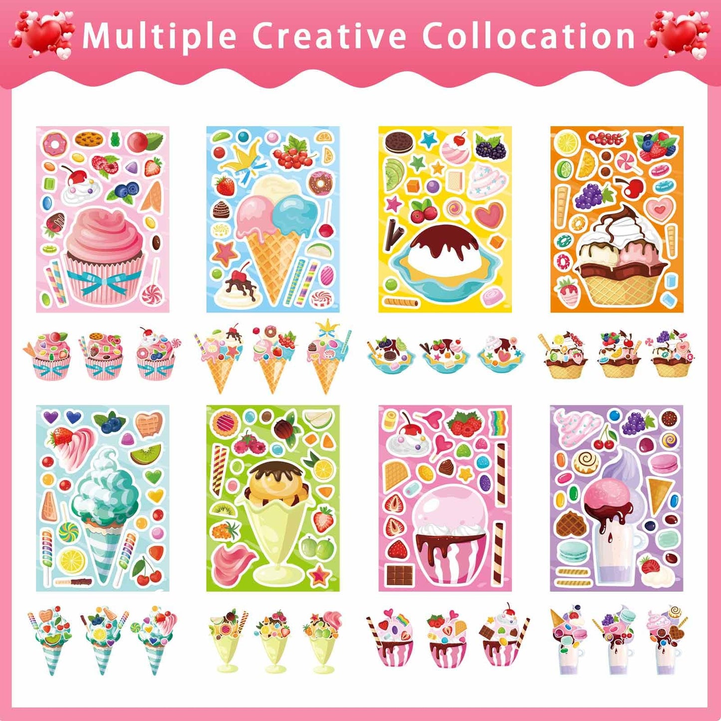 24 Sheets Make-A-Face Stickers, Make Your Own Ice Cream Mix And Match Sticker Sheets Diy Summer Ice Cream Stickers For Kids Part