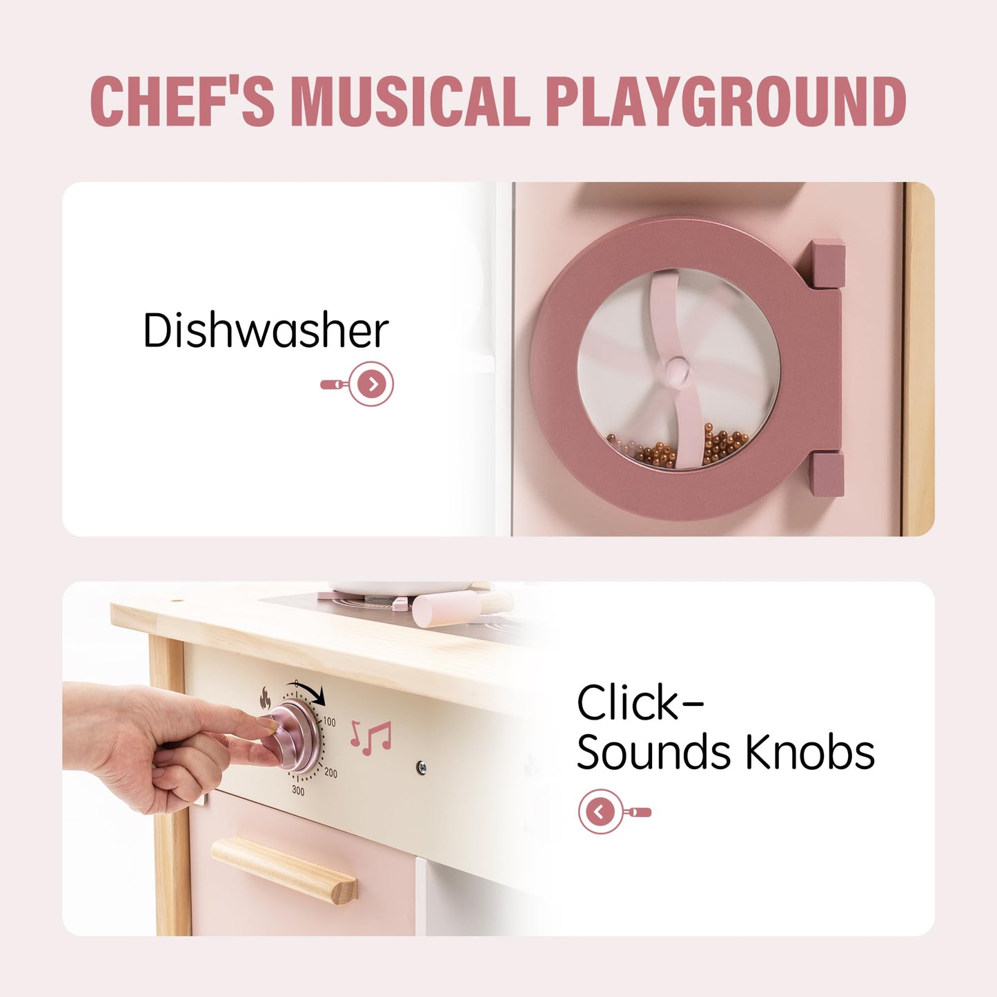 ROBUD Play Kitchen for Kids Toddlers, Wooden Play Kitchen with Realistic Accessories, Toy Kitchen Set with Plenty of Play Featur