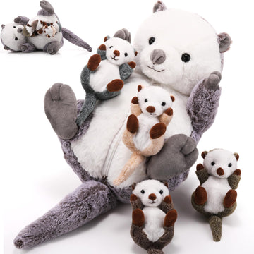 Shappy 5 Pcs Sea Otter Stuffed Animals Large Mommy Sea Otter Stuffy Plush With 4 Cute Babies In Her Zippered Belly Soft Cuddly Plushies For Boys Girls Birthday Gifts Ocean Party Decors(Gray)