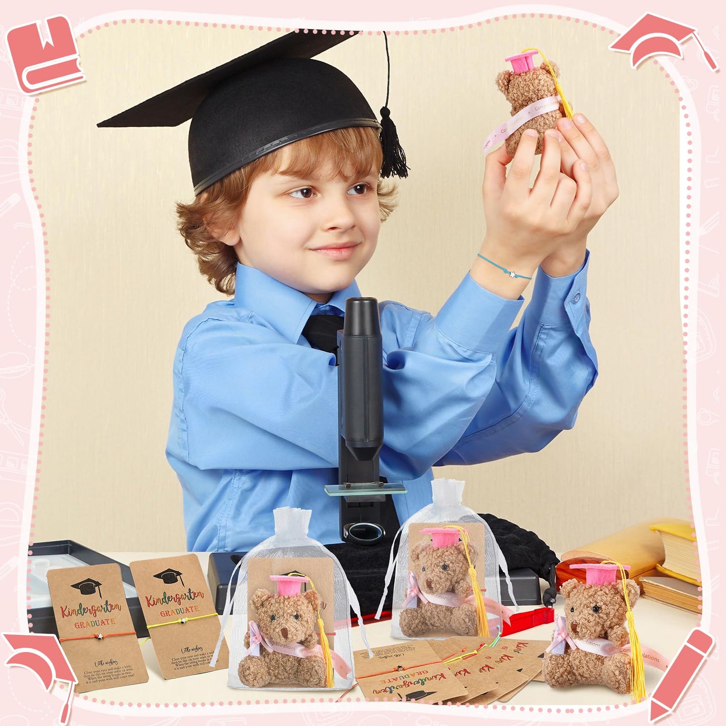 Motionchic 50 Pcs 2025 Kindergarten Graduation Bear Bulk Set with 25 Graduation Gift Mini Stuffed Bears 25 Wish Bracelet Organza