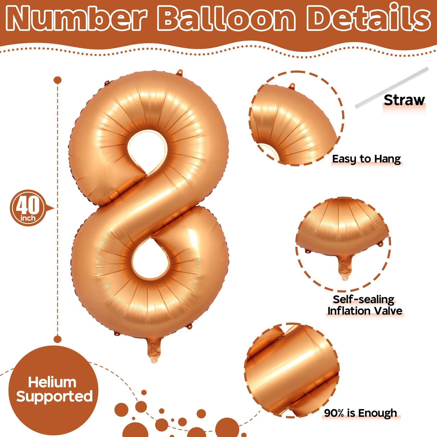 Foil 8Th Birthday Number Balloon, Large Orange Helium 8 Balloons Decor, 40 Inch Self Inflating Number 8 Balloons For Kids Boys B