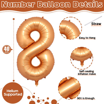 Foil 8Th Birthday Number Balloon, Large Orange Helium 8 Balloons Decor, 40 Inch Self Inflating Number 8 Balloons For Kids Boys B