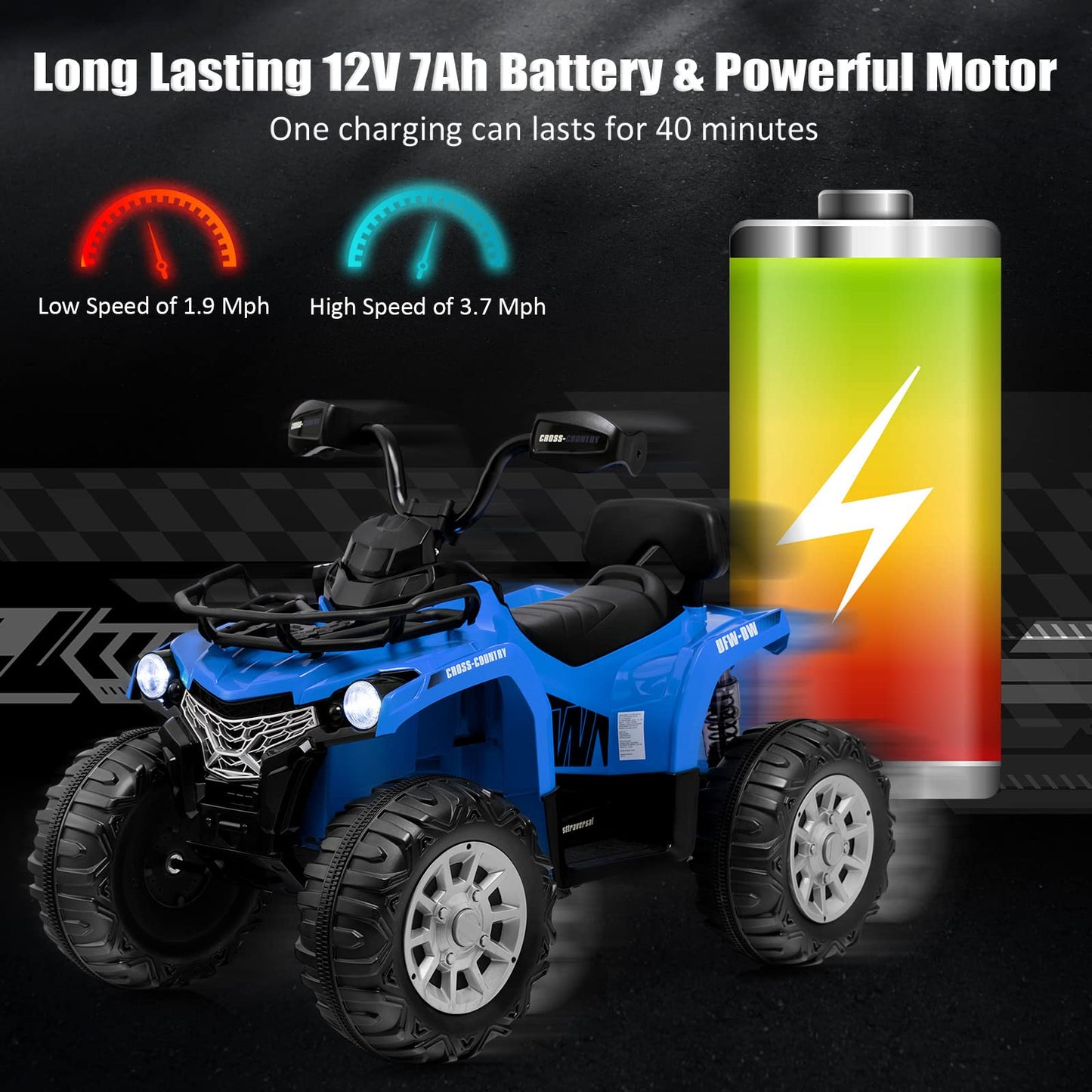 Costzon Kids Atv, 12V Four Wheeler Quad Electric Vehicle W/Forward/Backward Function, 2 Speeds, Music, Headlights, Storage Basket & Backrest, Toddler 4 Wheeler Toy Car For Boys Girls 3+ (Blue)