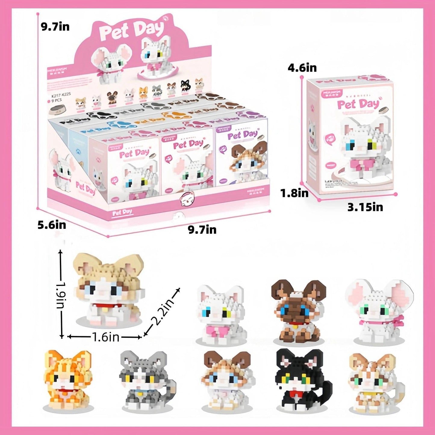 Timchess Mini Cat Building Block Sets, 9 Style Cute Cat Building Blocks Miniature Cat Figurine Toys For Kids Birthday Party Favo