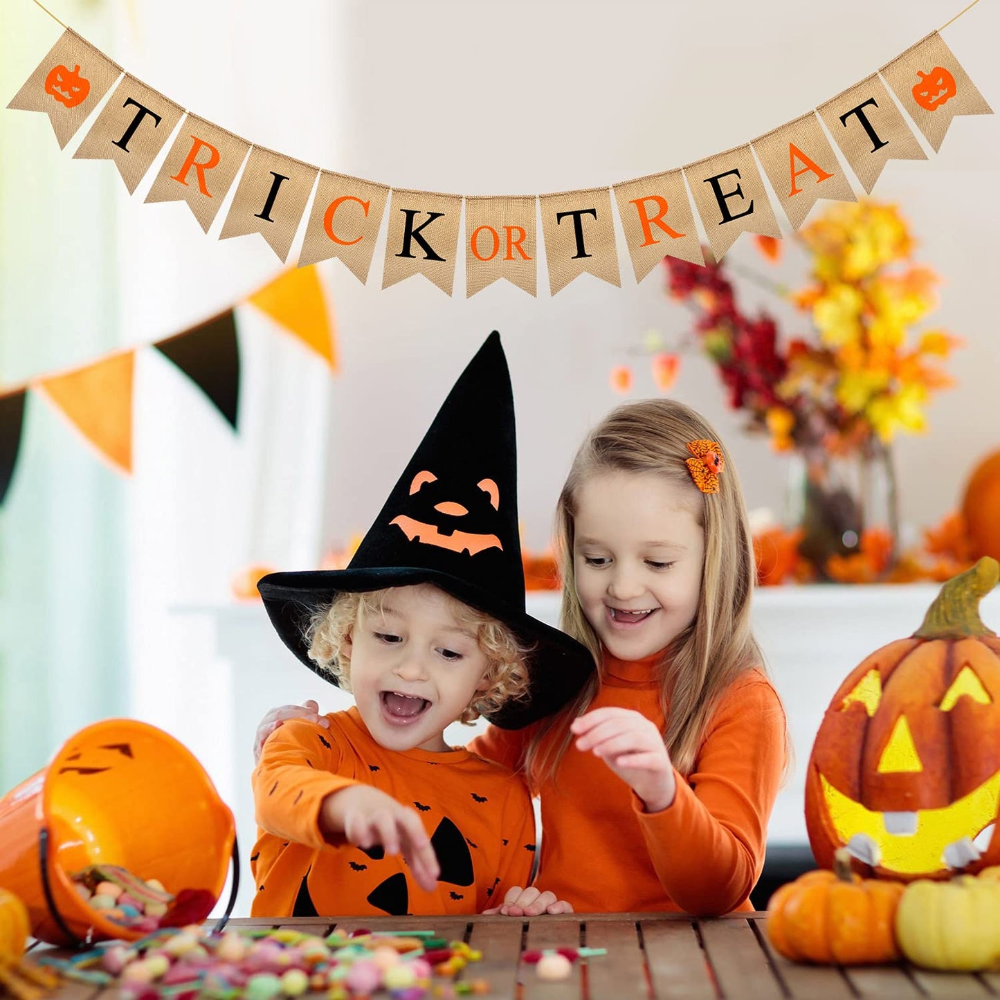 Trick or Treat Halloween Banner, 9.2ft/2.8m Burlap Halloween Bunting Garland with Pumpkin Pattern, Cute and Colorful Halloween D