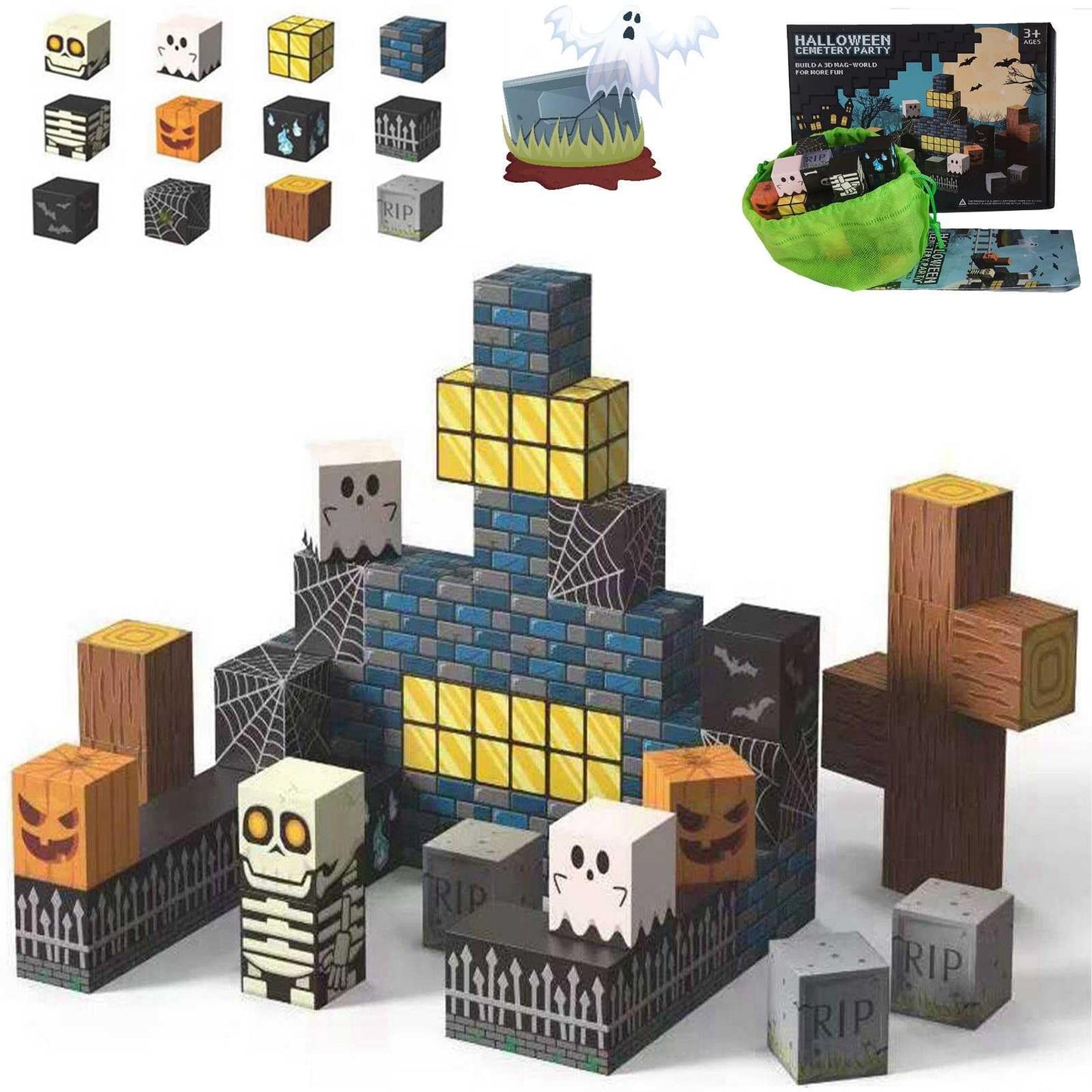amdohai Magnetic Blocks Halloween Toys for Kids Spooky Town Building Set Halloween Cemetery Party Gift Boys 3+