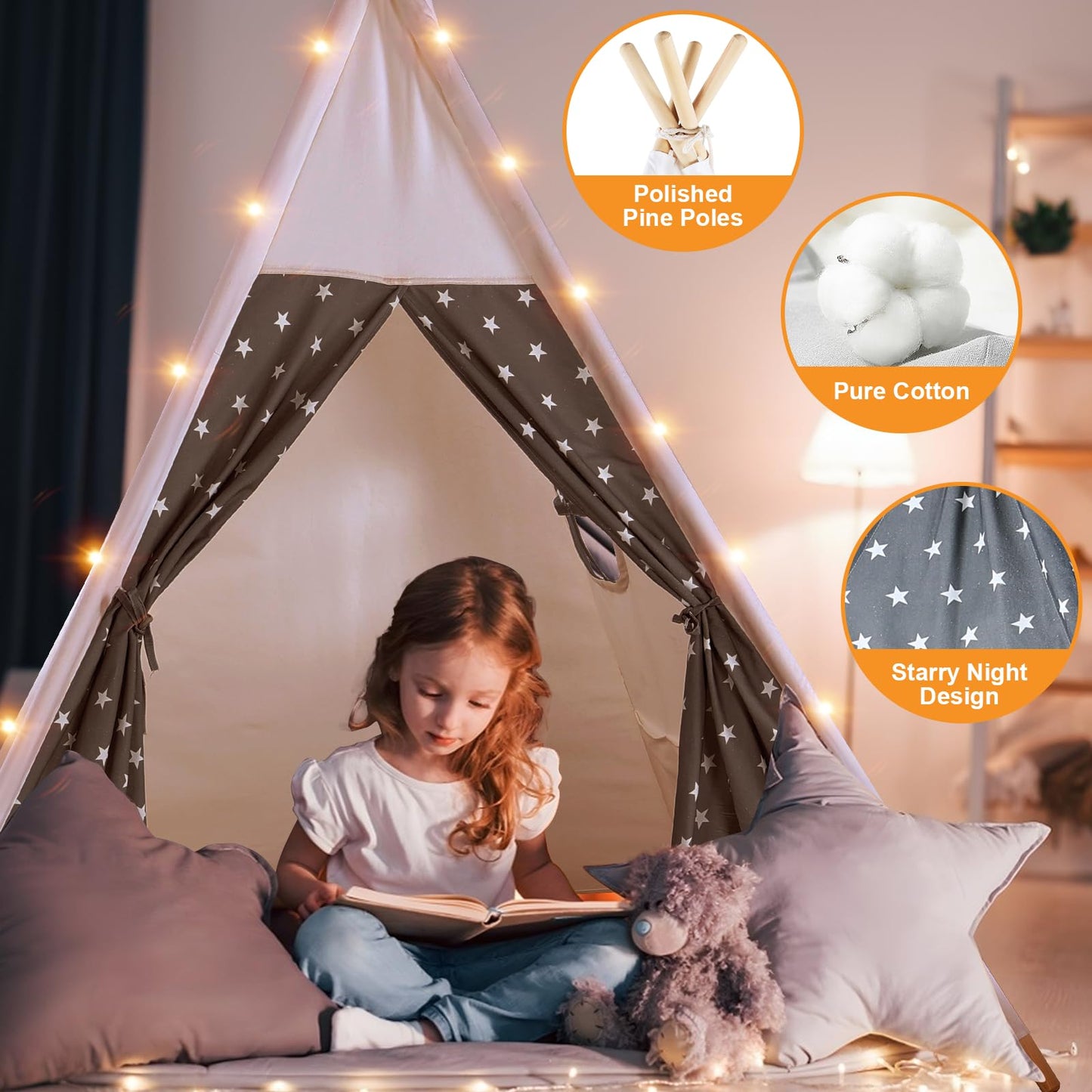 Senodeer Teepee Tent For Kids Indoor - Kids Tee Pee Tent With Light & Flag, Cotton Foldable Toddler Teepee Outdoor, Sleepover Pa