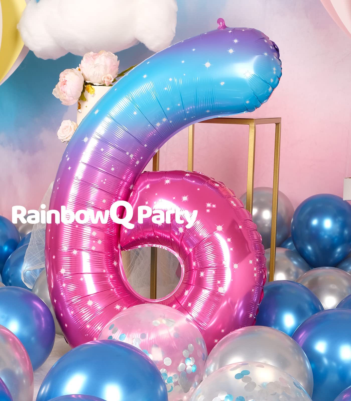 Rainbowq 6 Balloon Number 40 Inch For Boy Or Girl Big Starry 0-9 Foil Mylar Large 6 Number Balloon Happy 6Th Birthday Party Anni