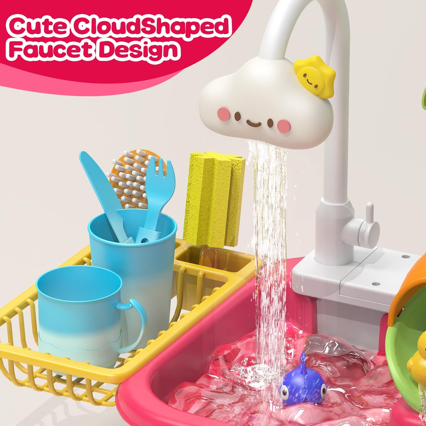 Color Changing Kitchen Play Sink Toys with Running Water for Kid,Electric Dishwasher Playing Toy with Animals, Food, Tableware A
