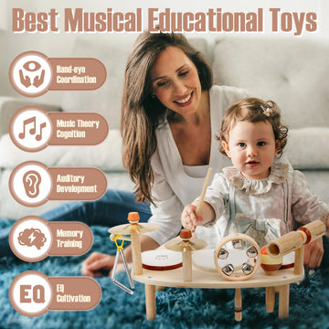 Drum Set For Toddlers 1-3, Wooden Musical Instruments Toys For 1 2 3 Year Old Boy Girls Gifts, Montessori Toys For Babies 12-18 Months, Toddler 1St Christmas Birthday Presents