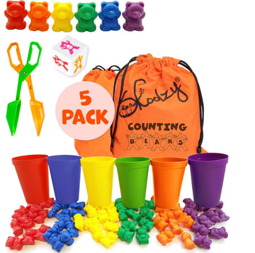 Skoolzy 60 Pcs Rainbow Counting Bears 5 Pk - Teddy Bear Bounters With 6 Color Sorting Cups, Math Games Dice Toy, Montessori Tong & 2 Storage Bags - Counting & Color Recognition Toys For Age 3+