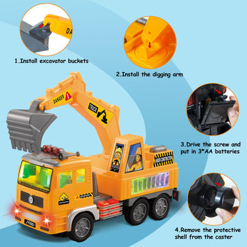 Ynanimery Construction Truck Toy, Excavator Truck Toys with 4D Lights & Sounds- Battery Operated Automatic Bump & Go, Truck Toys
