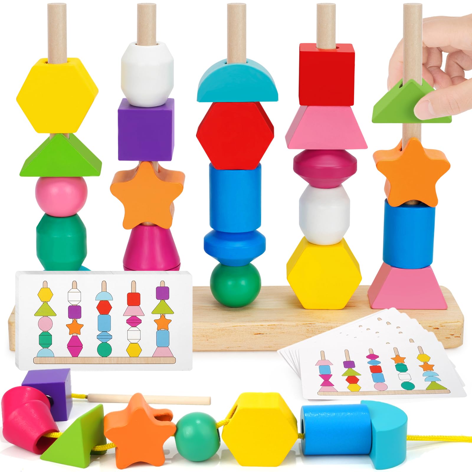 Kizzyea Montessori Toys For 3 Year Old, Wooden Beads Sequencing Toy Set, Stacking Blocks & Lacing Beads & Matching Shape Stacker