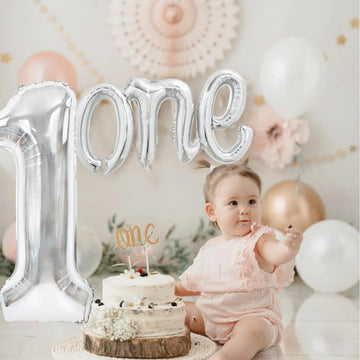 Toniful 40 Inch Giant Silver Number 1 Balloon,Mylar Foil Script Cursive Letter 1 Balloon Banner For Boys Girls Kids First Birthd