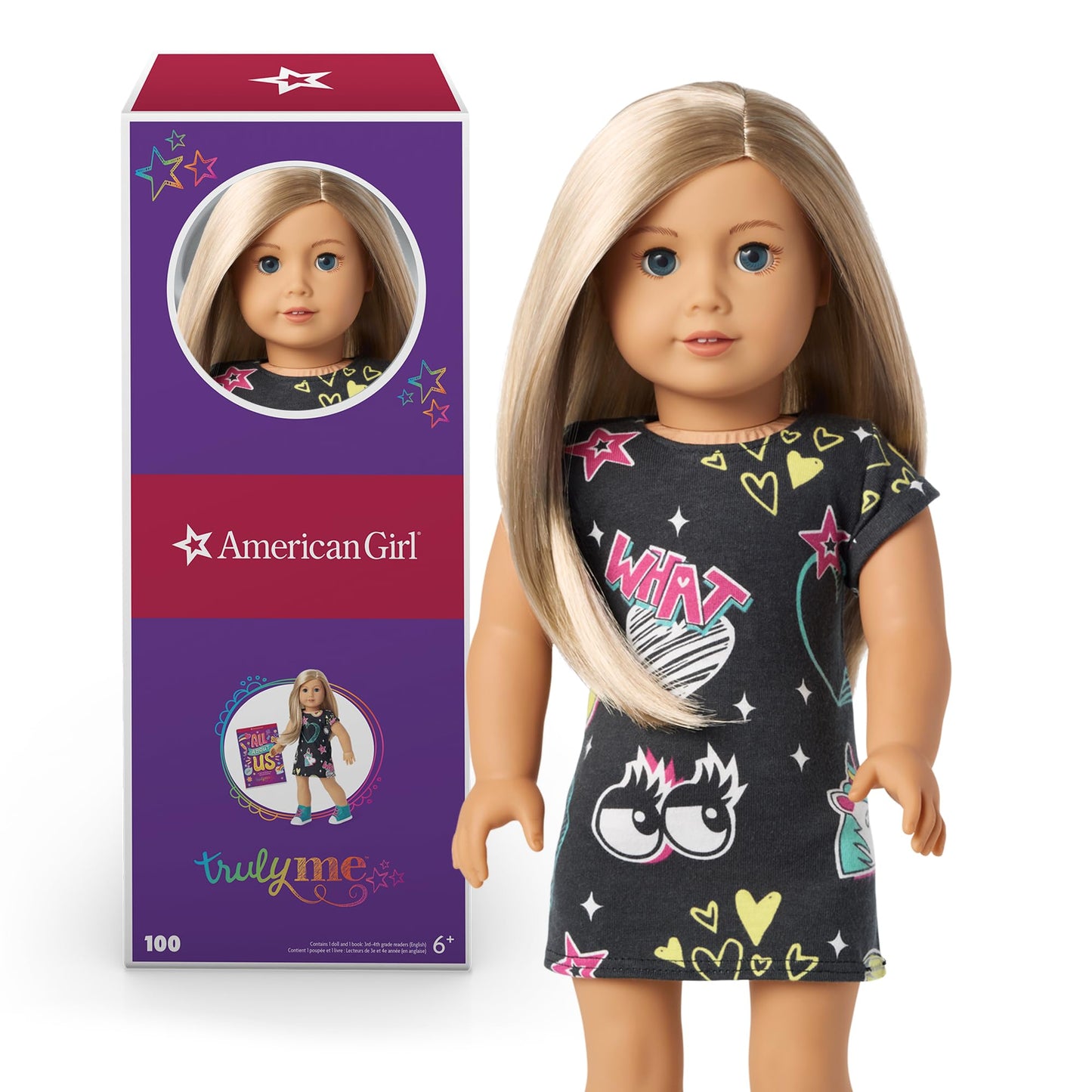 American Girl Truly Me 18-Inch Doll #100 With Blue Eyes, Blonde Hair, Lt-To-Med Skin, Printed T-Shirt Dress, For Ages 6+