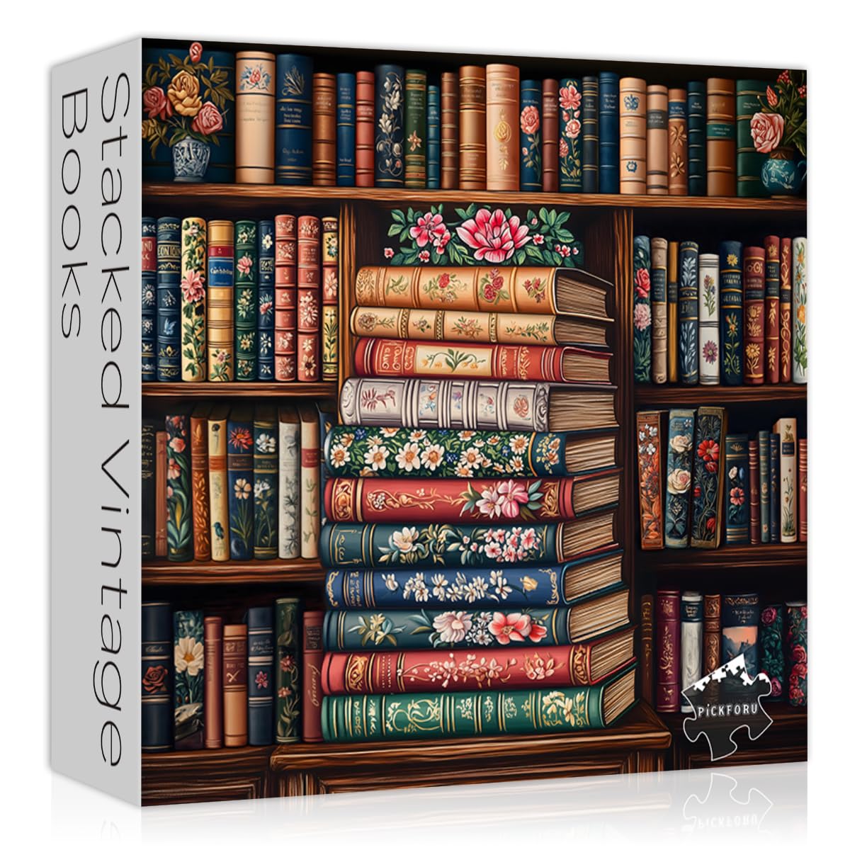 Vintage Book Puzzles for Adults 1000 Pieces, Bookshelf Wildflower Pages Jigsaw Puzzle, Retro Library Aesthetic Puzzle Floral, Ch
