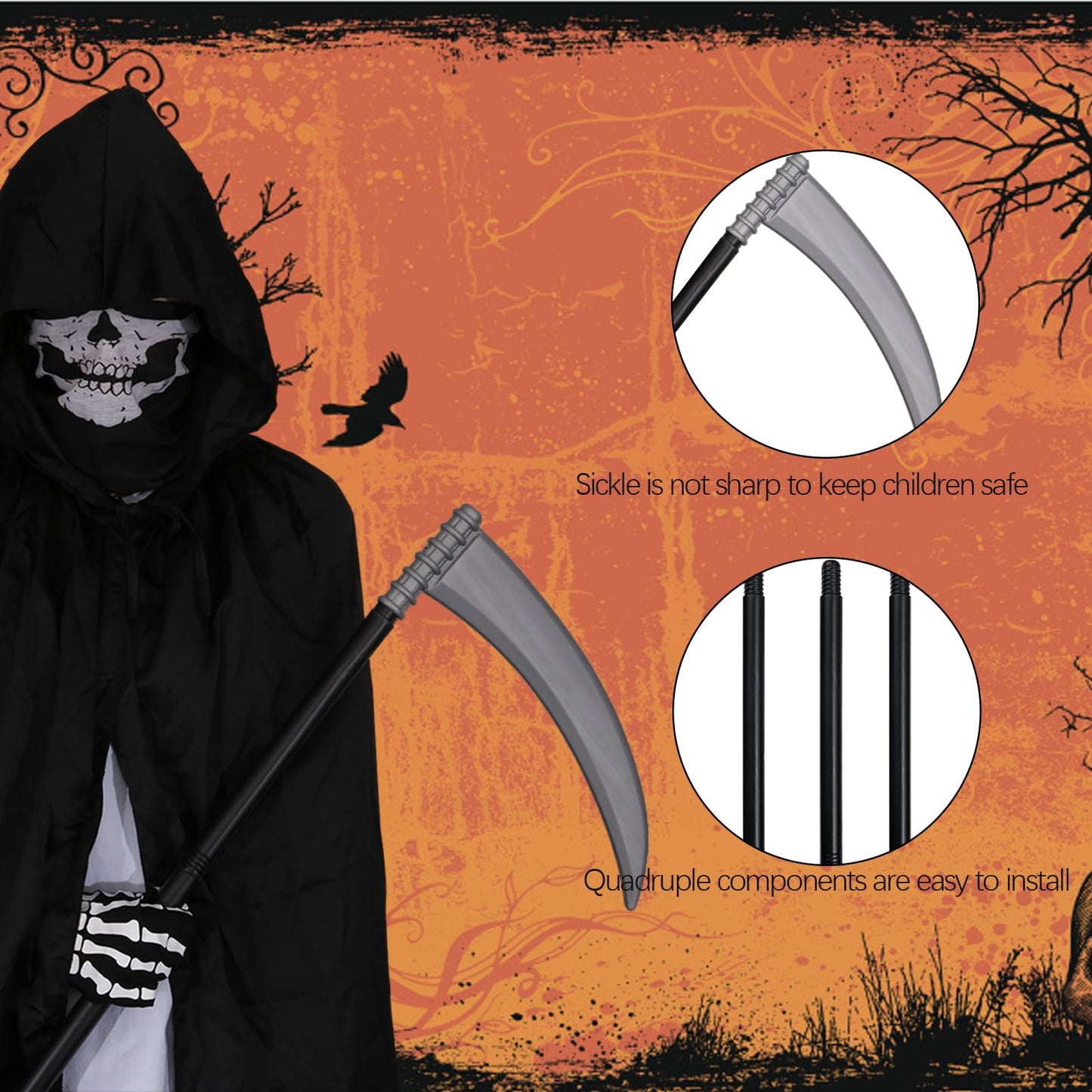 Kitimi Halloween Grim Reaper Costume Set  4 PCS Grim Reaper Hooded Cape with Skeleton Gloves  Grim Reaper Scythe