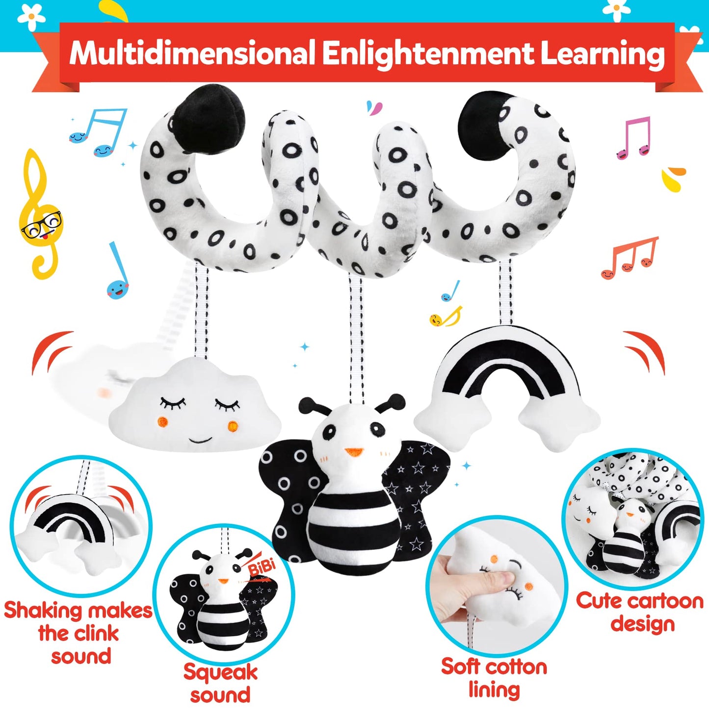 Gkdoms Baby Spiral Hanging Stroller And Car Seat Toys Black And White High Contrast Sensory Toy Newborn Plush Activity Toys Party Favors Quality Gifts For Baby Shower Easter Basket Stuffers -Bee