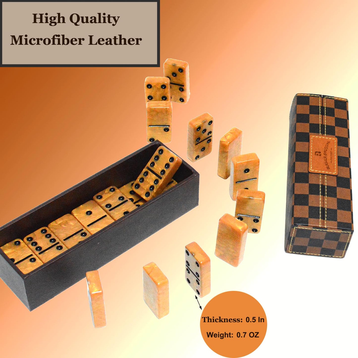 Vovotuzzi Dominos Set For Adults, Thick Domino, Double 6 Dominoes Set For Adults And Kids, 28 Marbleized Gold Tiles In Brown Lea