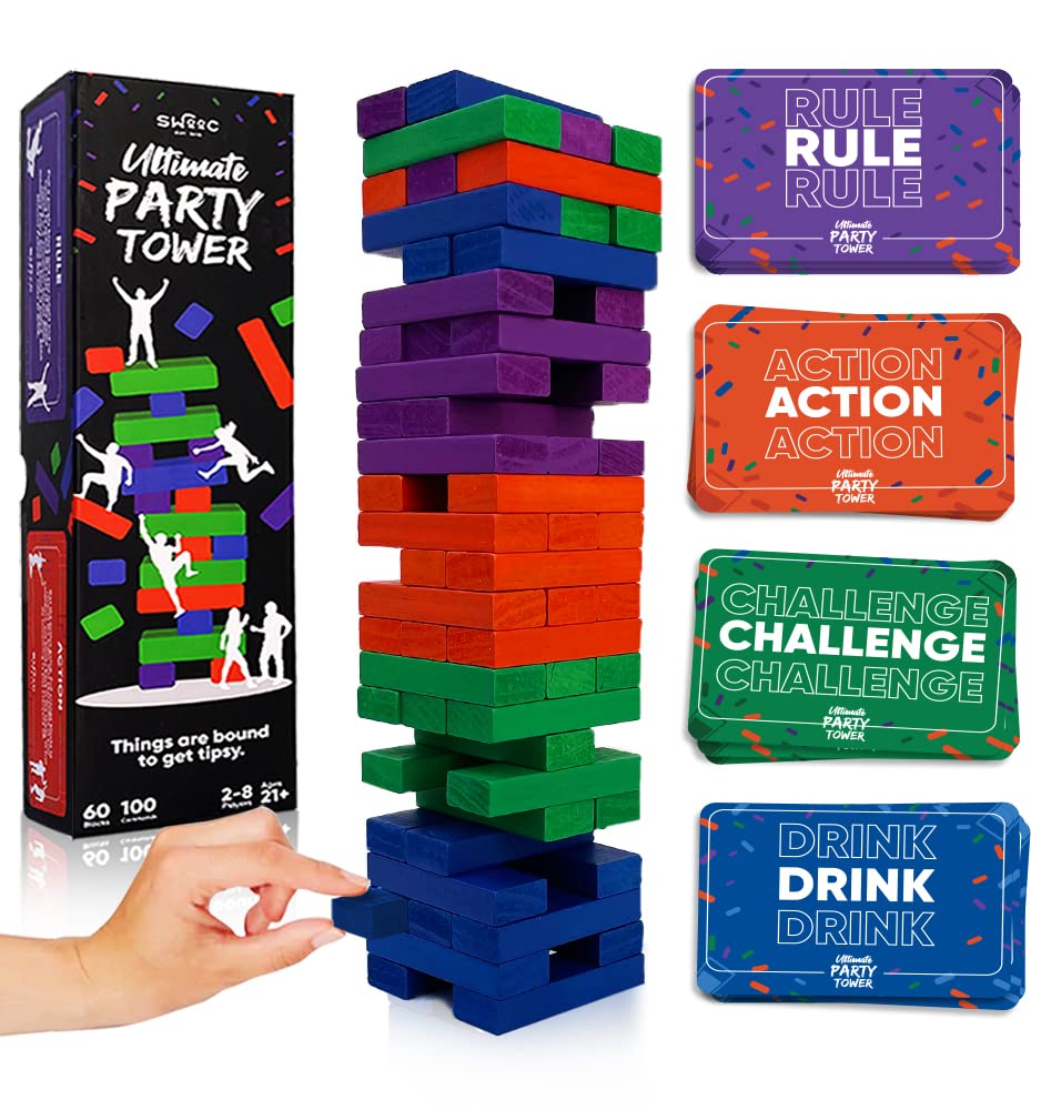 Swooc Games - Ultimate Party Tower - 100 Original Commands, 60 Blocks, & 1000S Of Hilarious Rule Combinations - A Tipsy Spin On Fun Classic Games For Power Hour - Ages 21+ - Wooden Tower Blocks Game