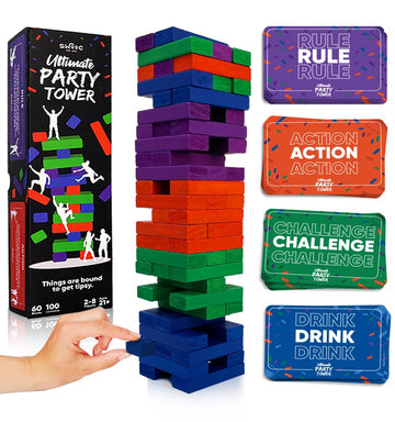 Swooc Games - Ultimate Party Tower - 100 Original Commands, 60 Blocks, & 1000S Of Hilarious Rule Combinations - A Tipsy Spin On Fun Classic Games For Power Hour - Ages 21+ - Wooden Tower Blocks Game