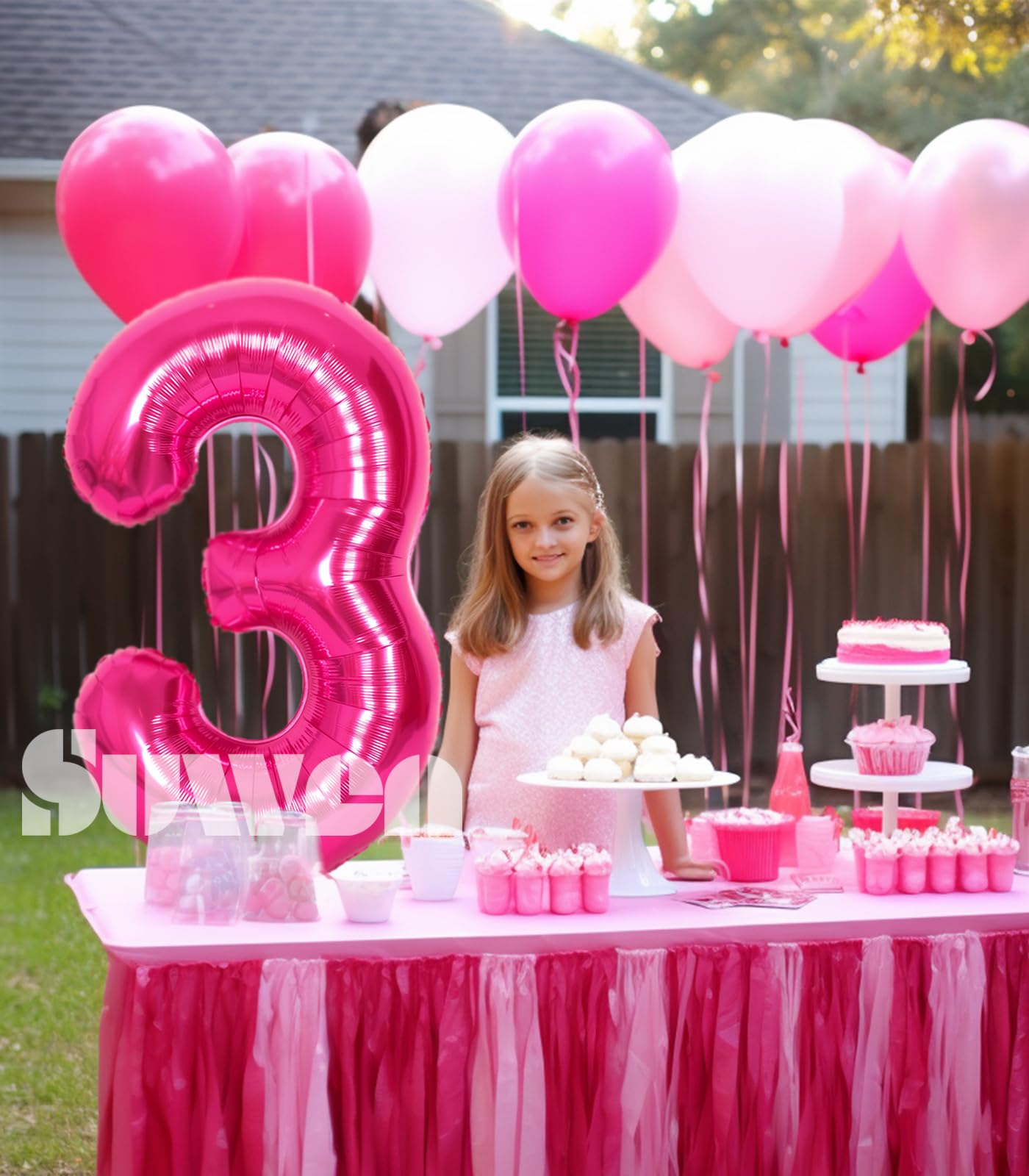 Suwen 40 Inch Hot Pink Large 3 Number Balloons Big Foil Helium Number Balloons 0-9 Jumbo Happy 3Rd Mylar Birthday Party Decorati