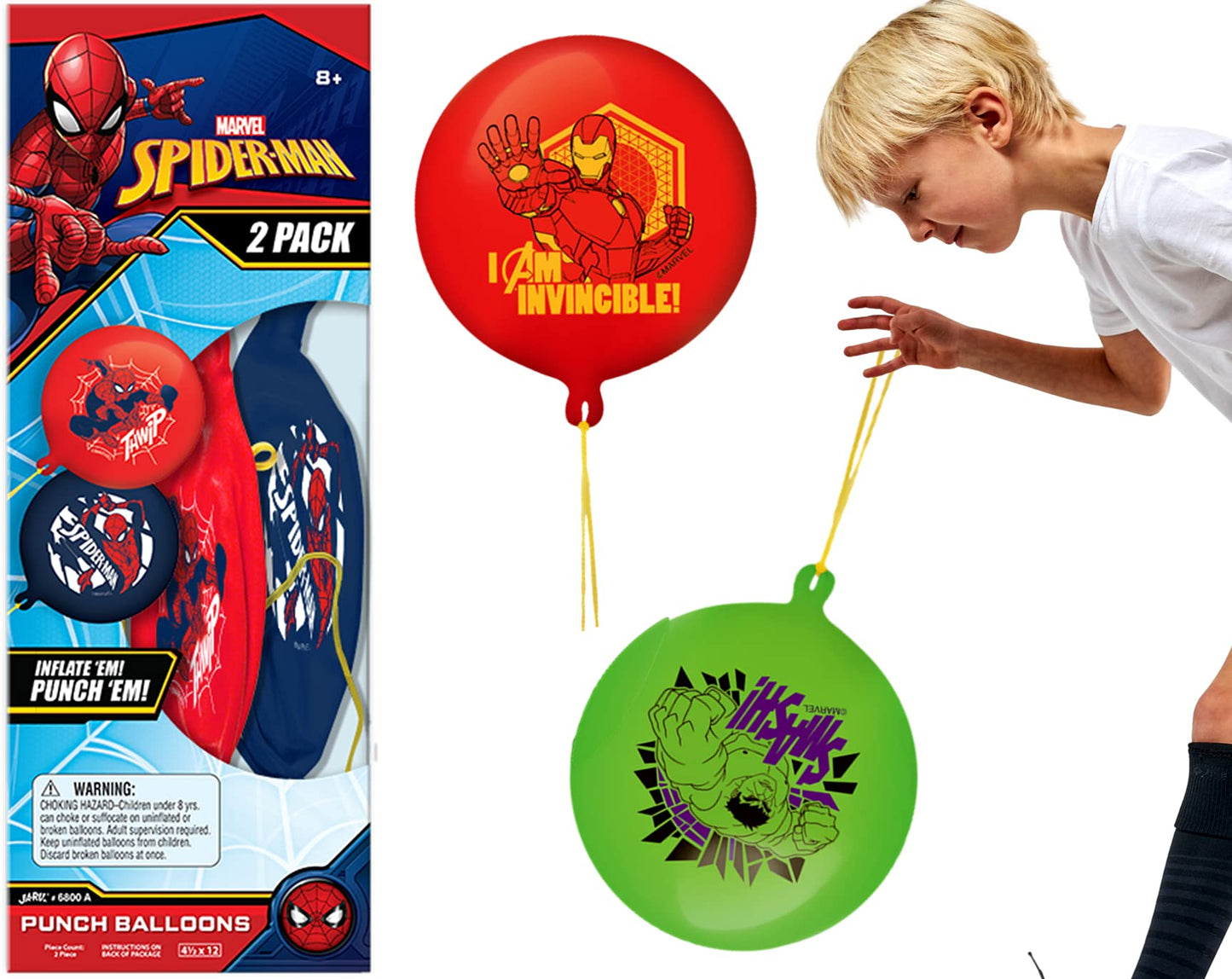 JA-RU Marvel Avengers & Spiderman Punch Balloons for Kids (1 Pack, 2 Punching Balloons) Big Bouncy Inflatable Toys Birthday Deco