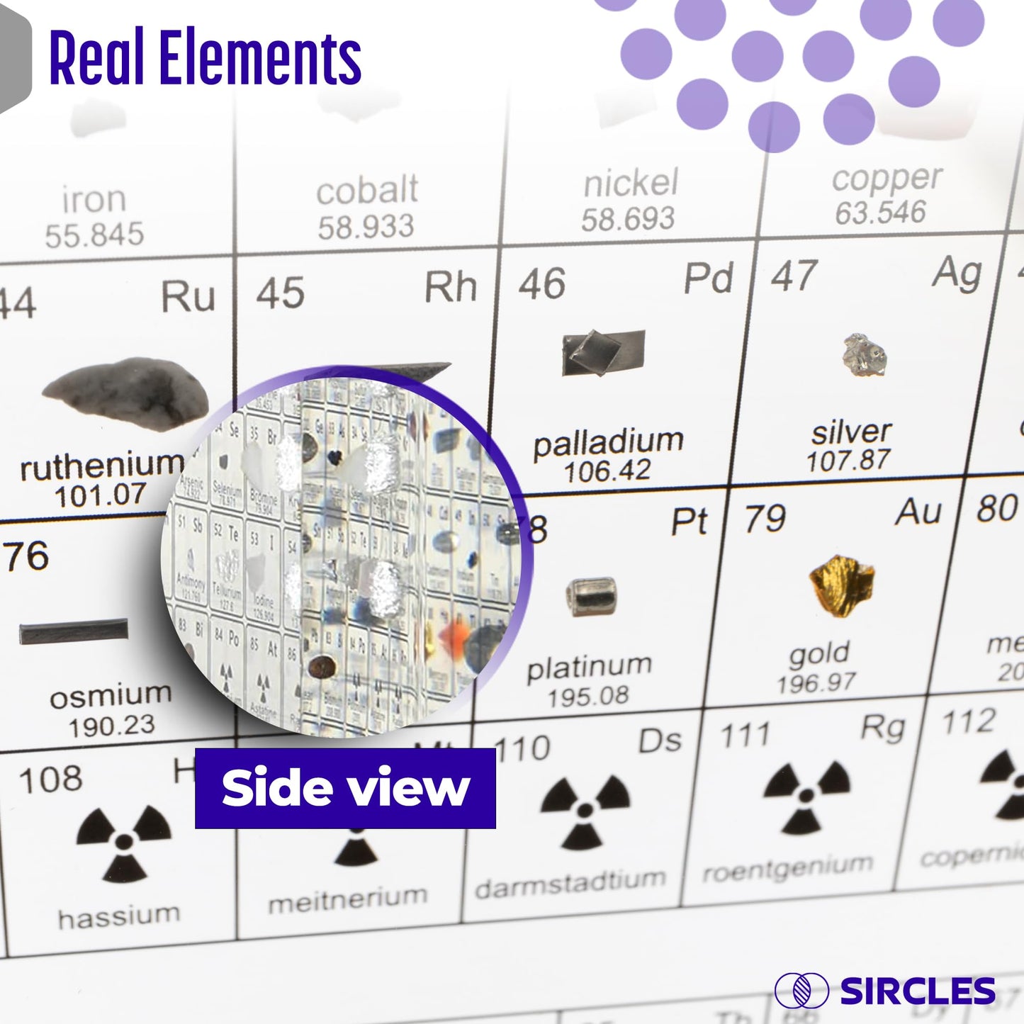 Sircles Periodic Table With Real Elements Inside - Includes Magnifying Glass, Wooden Stand, Tripod - Transparent Acrylic Glass -