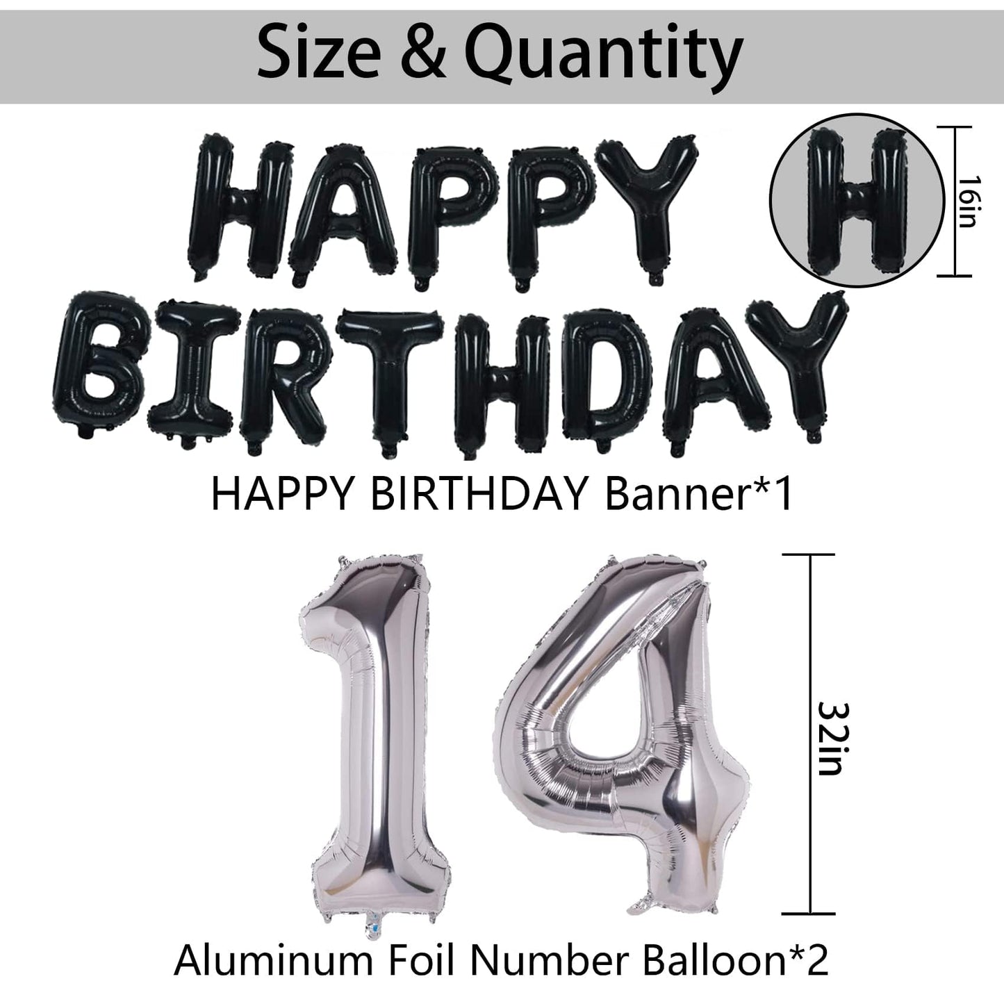 Naninuneno 14Th Black Silver Birthday Party Decorations For Boys Girls, Happy 14 Birthday Party Supplies With Black Happy Birthd