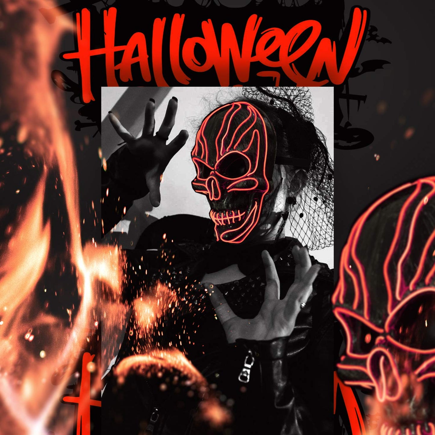 ILEBYGO LED Halloween Light Up Mask Purge Mask Scary Mask with EL Wire 3 Flashing-Modes for Halloween Festival, Party, Cos Play