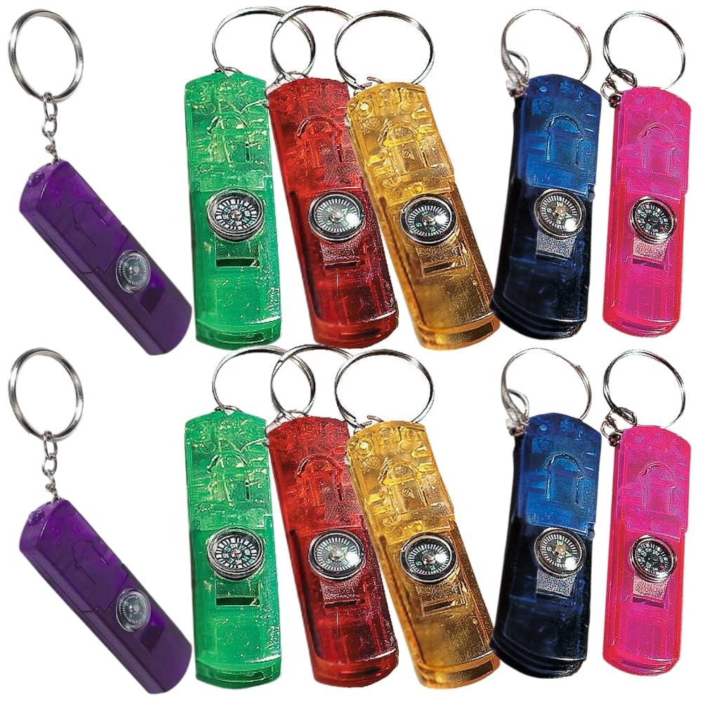 3 in 1, Whistle / Compass / Flash Light Key Chain - Set of 12 - Handouts and Party Favors