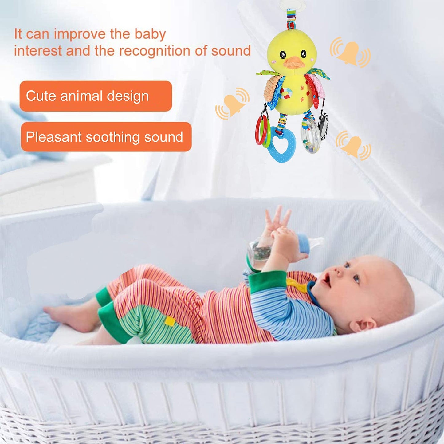 Funsland Baby Stroller Toy - Soft Plush Little Duck Teether Rattle for Infants 3-12 Months, Medium Size