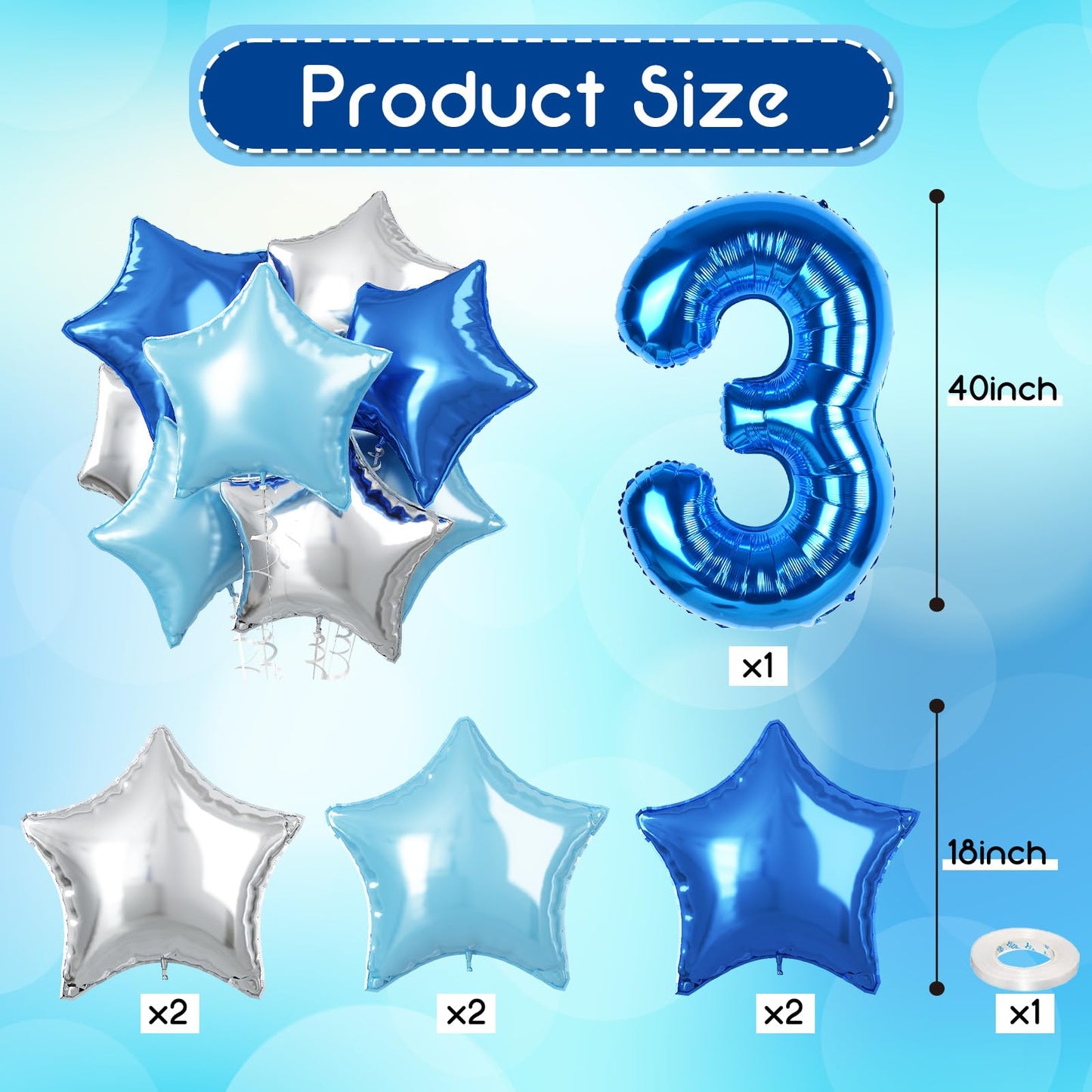 Dark Blue Foil Balloon Number 30, 40 Inch Giant Globos Azules Light Metallic Blue Mylar Balloon, Royal Blue Silver Star Self Inf