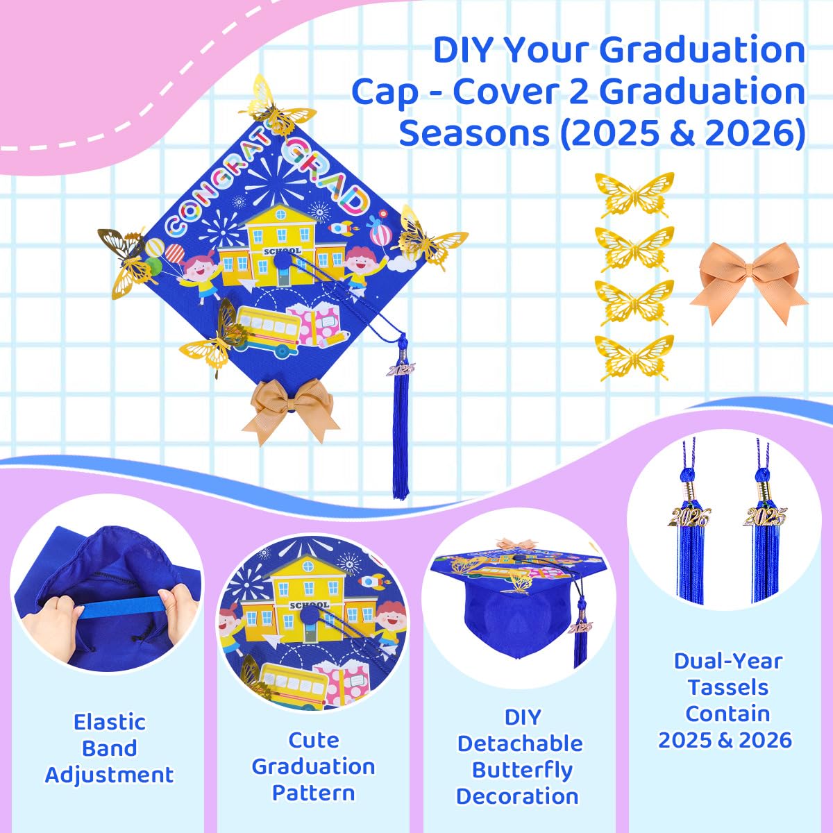 Wikitot Kindergarten Graduation Cap And Gown - Royal Blue Preschool Graduation Outfit With 2025 & 2026 Tassels, Badge, Stole For