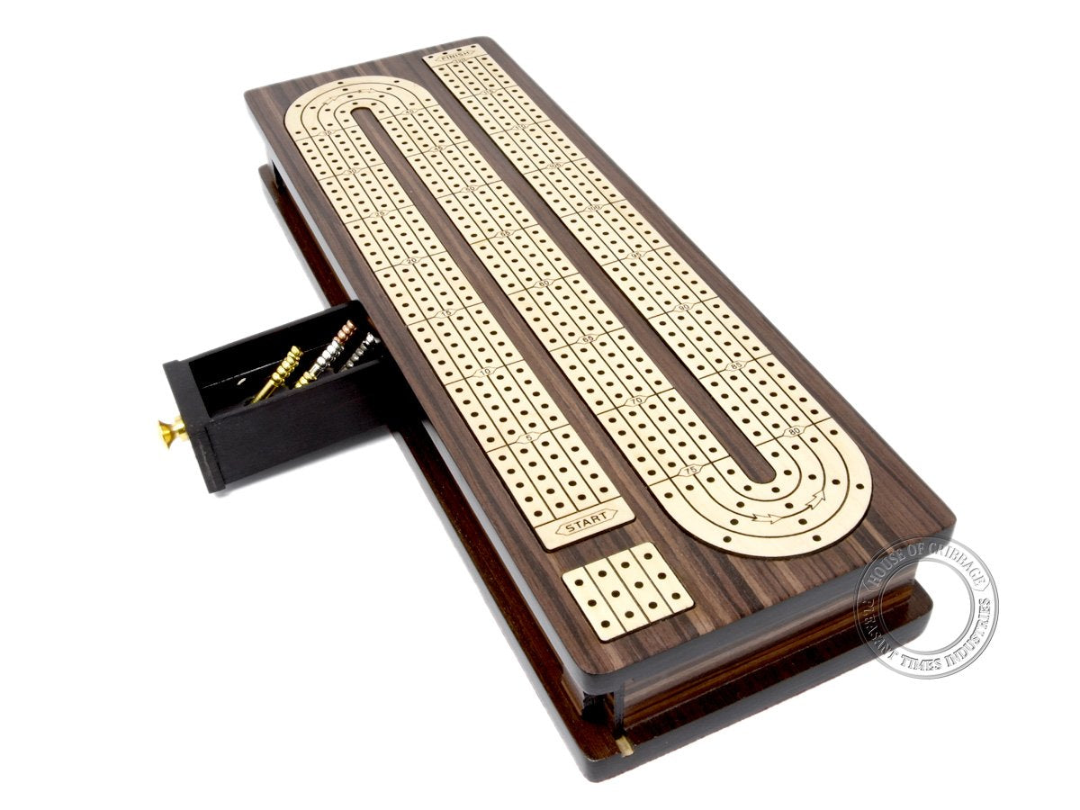 House Of Cribbage - Continuous Cribbage Board Inlaid 4 Tracks Rosewood/Maple With Sliding Lids And Drawer