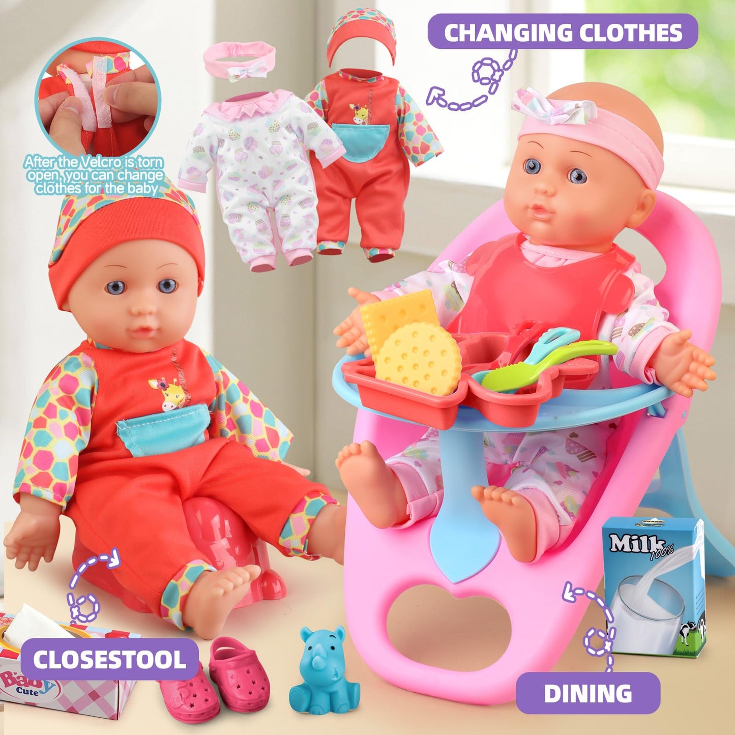 Baby Doll Stroller Set Toys For Girls Toddlers 3-5 4-6 Gifts,Baby Doll Set With 12.5 Inch Doll,1 Baby Dining Chair,20 Pcs Baby D