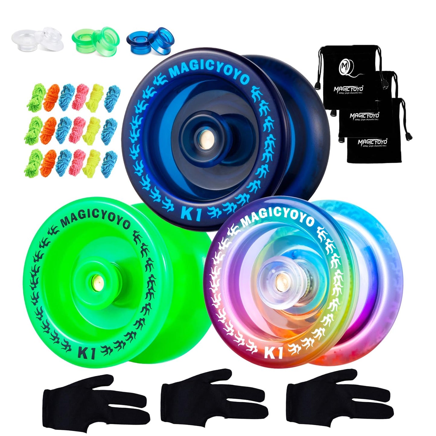 Magicyoyo Pack Of 3 Yoyos For Kids Beginner, K1-Plus Responsive Yoyos With 3 Yoyo Gloves, 3 Yoyo Bags, 18 Strings, All In A Gift